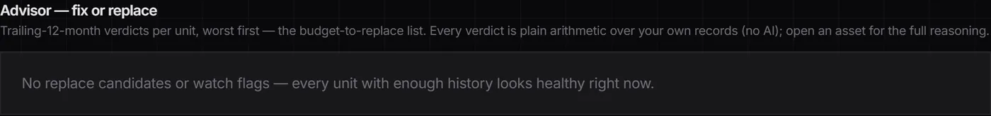 Advisor report showing a fix-or-replace verdict with the math behind it